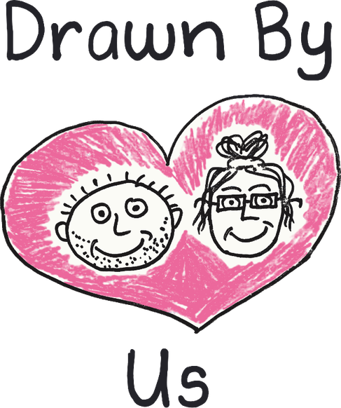 Drawn By Us - Wayne and Ingrid drawn inside a pink heart